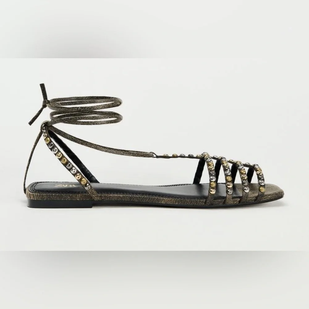 NWT ZARA LEATHER SQUARE TOE LACE UP SANDALS - Picture 6 of 11